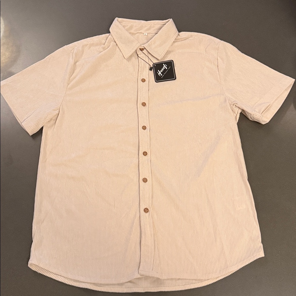 New Hoooyi Men's Tan Striped Corduroy Casual Shirt